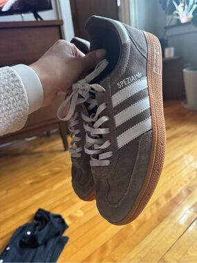 Adidas Spezial Women's Brown Suede Sneakers with White Stripes and Gum Sole